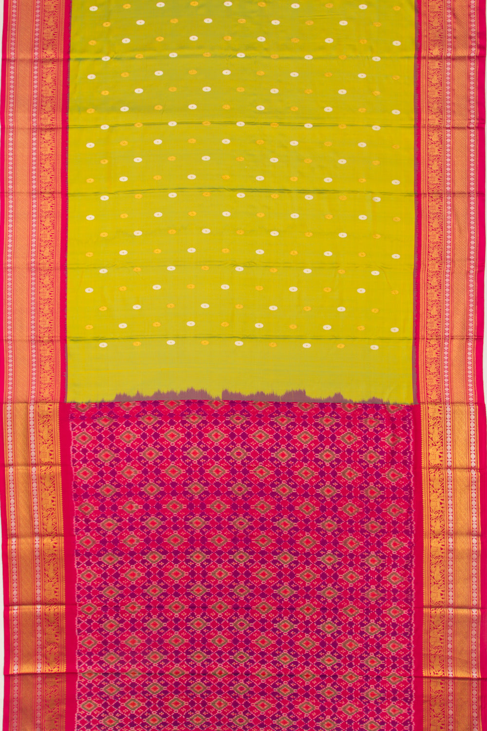 Kanchipuram Silk Twill And Butta Green Saree With Ikat Blouse
