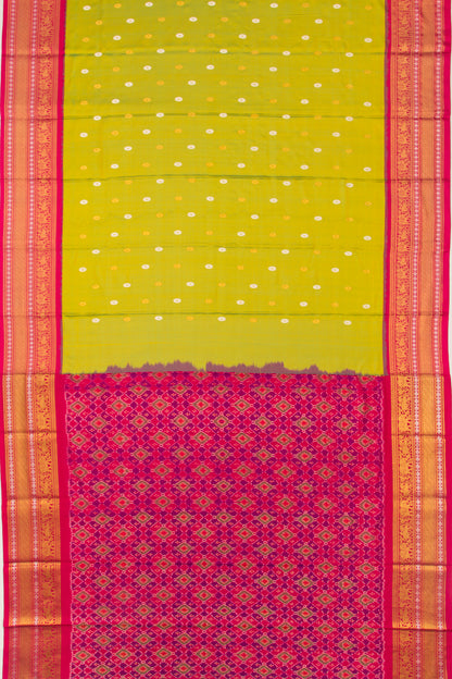 Kanchipuram Silk Twill And Butta Green Saree With Ikat Blouse