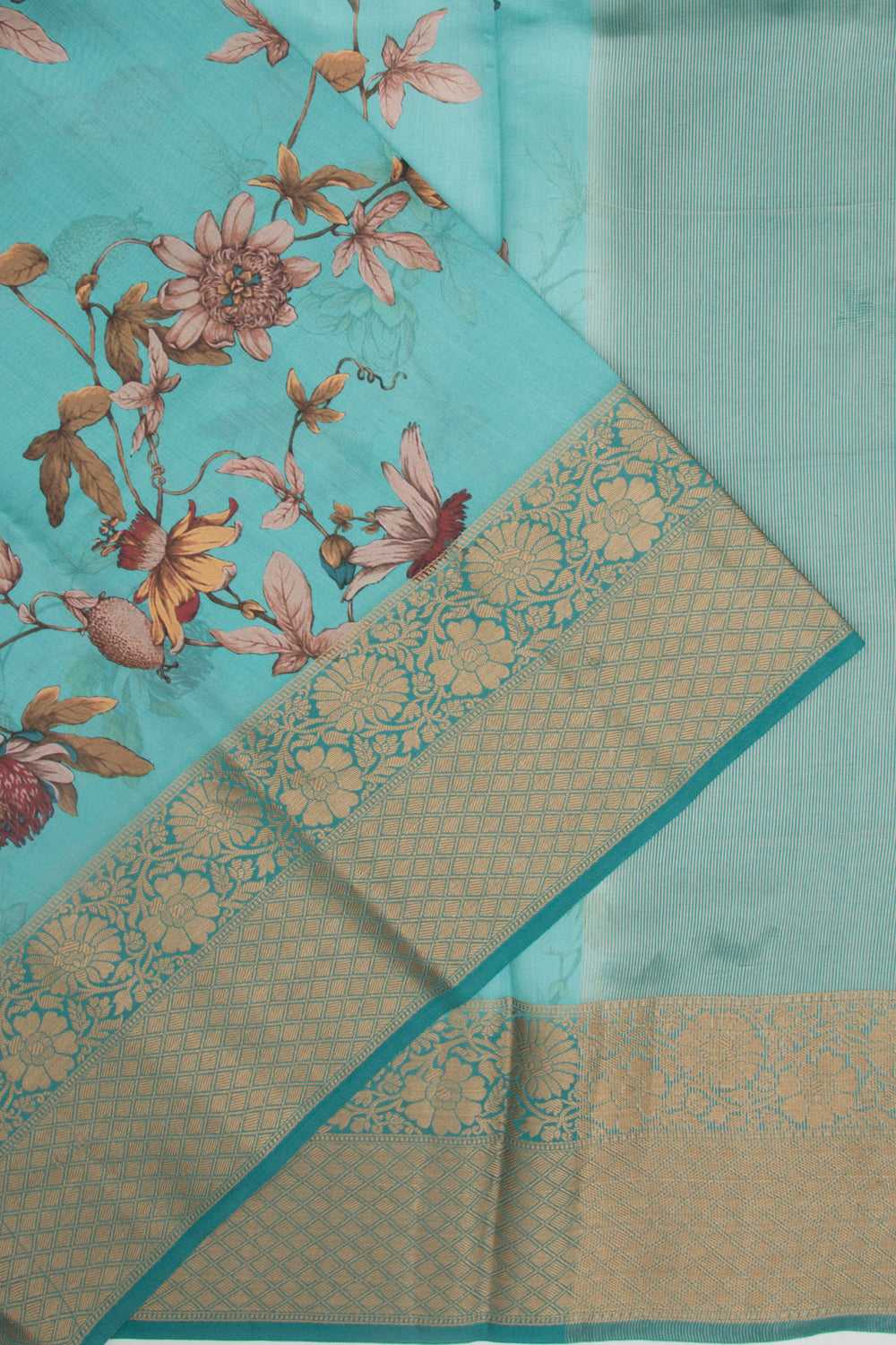 Chanderi Silk Floral Printed Teal Blue Saree