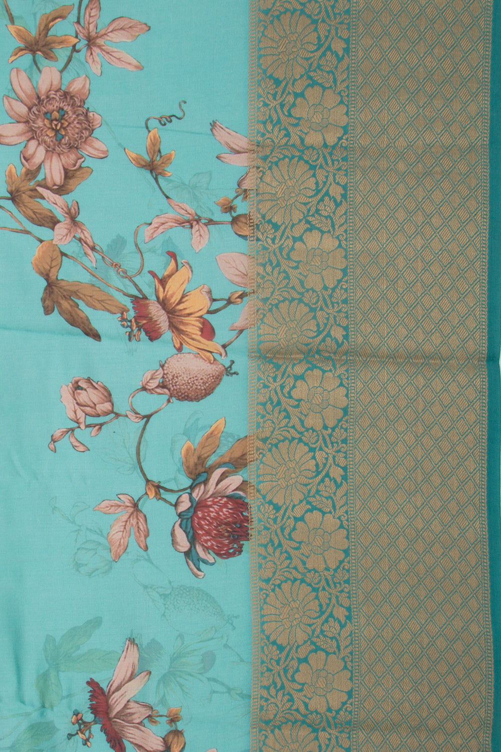 Chanderi Silk Floral Printed Teal Blue Saree