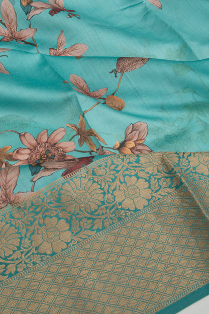 Chanderi Silk Floral Printed Teal Blue Saree