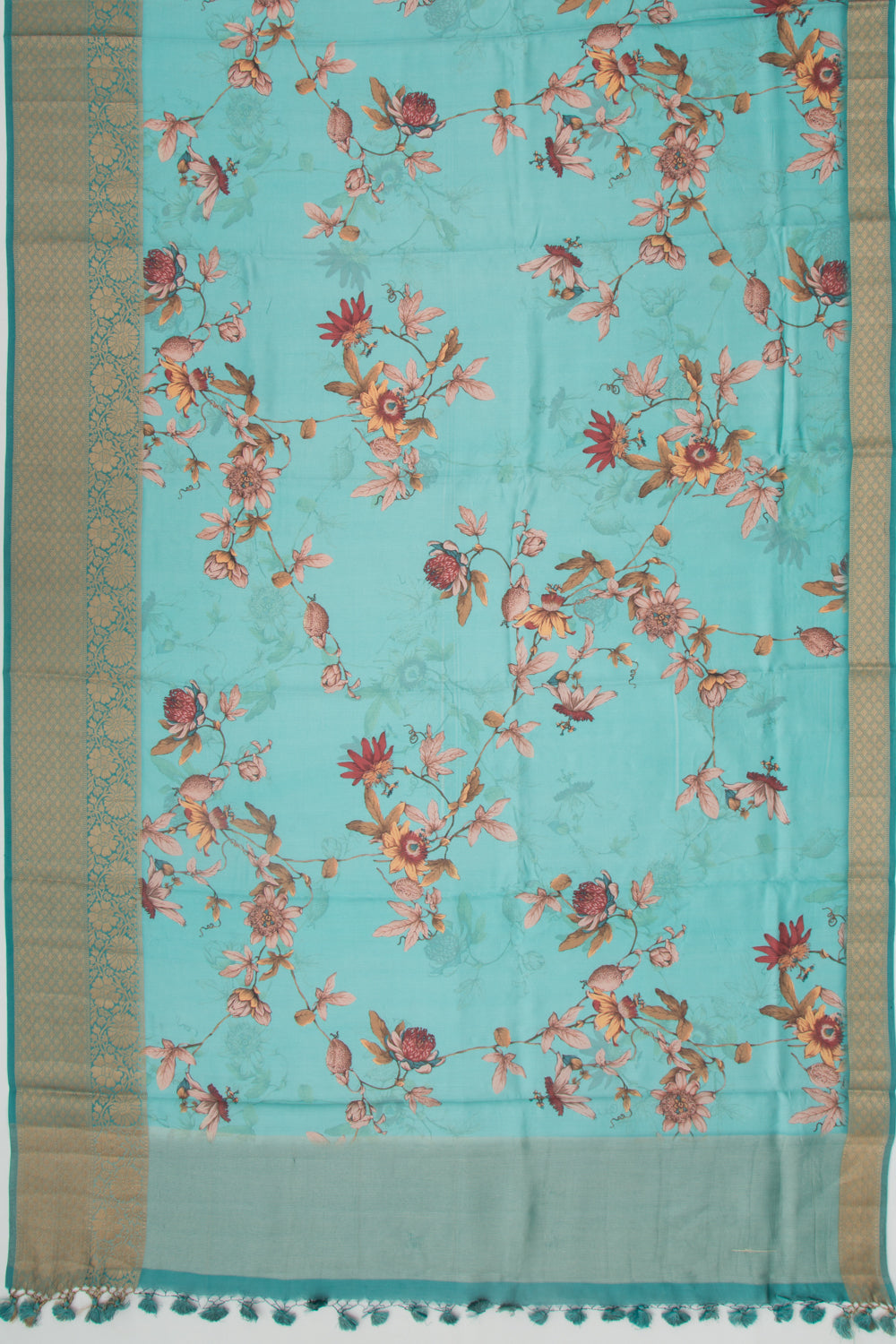 Chanderi Silk Floral Printed Teal Blue Saree