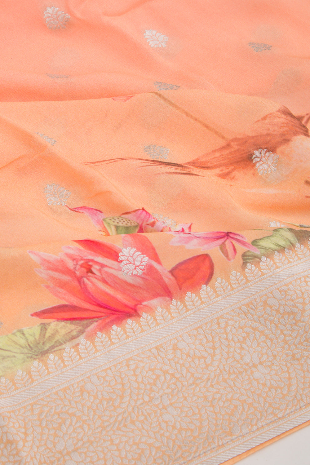 Georgette Printed And Butta Peach And Orange Saree
