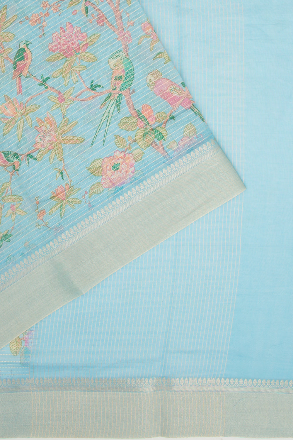 Chanderi Silk Printed And Horizontal Lines Sky Blue Saree