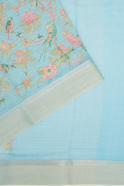 Chanderi Silk Printed And Horizontal Lines Sky Blue Saree