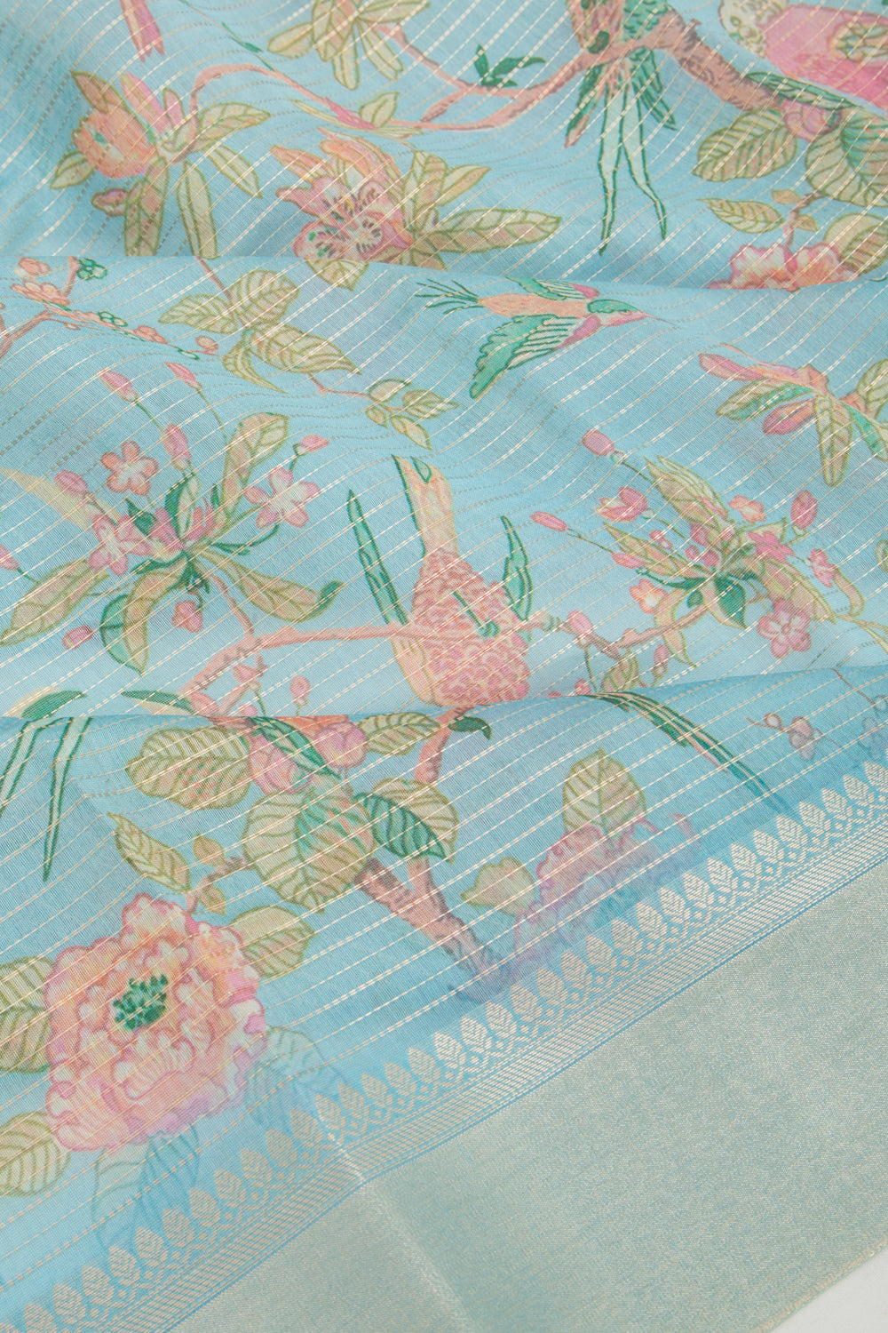 Chanderi Silk Printed And Horizontal Lines Sky Blue Saree