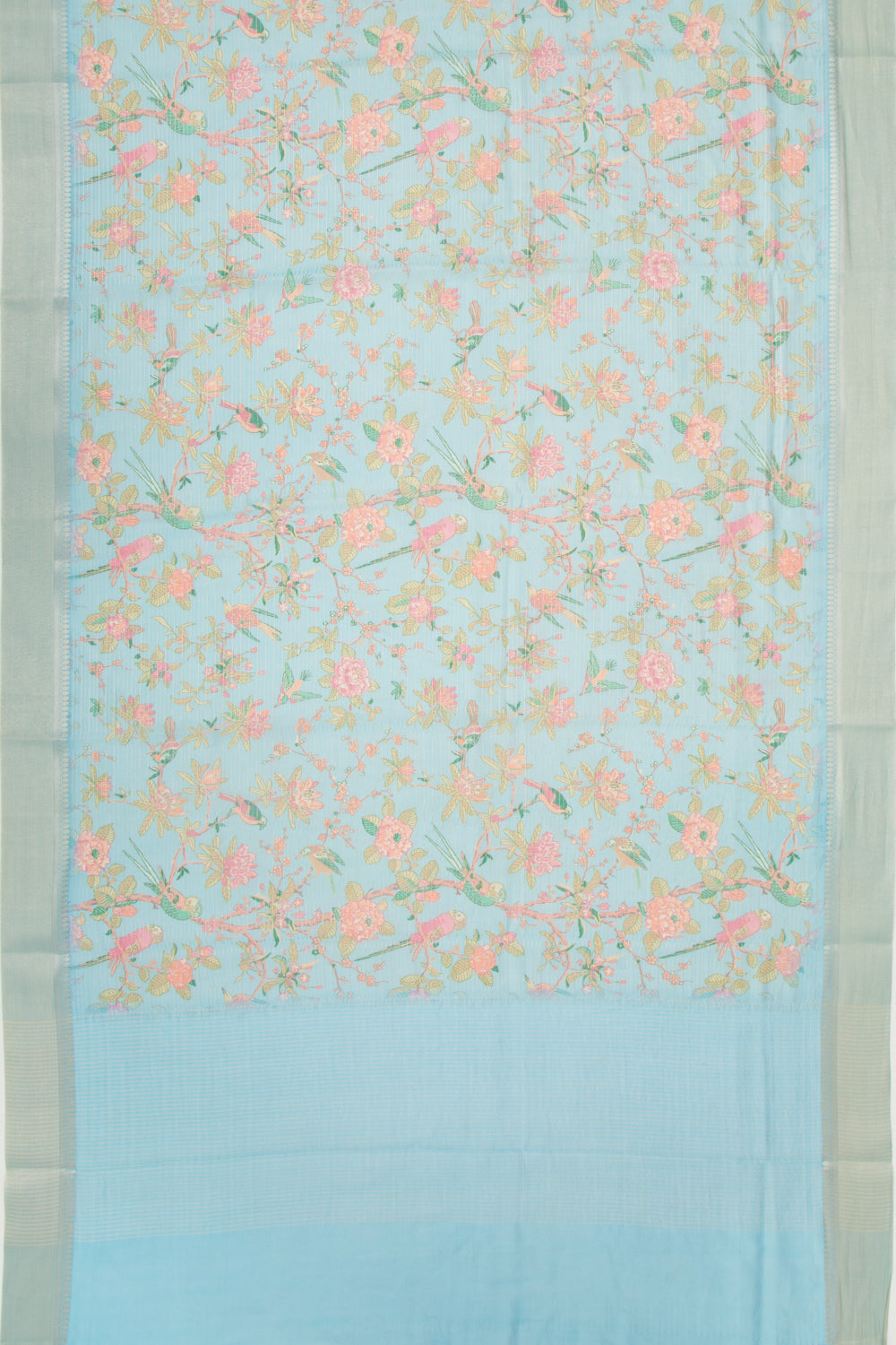 Chanderi Silk Printed And Horizontal Lines Sky Blue Saree