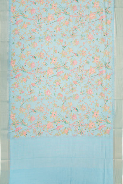 Chanderi Silk Printed And Horizontal Lines Sky Blue Saree