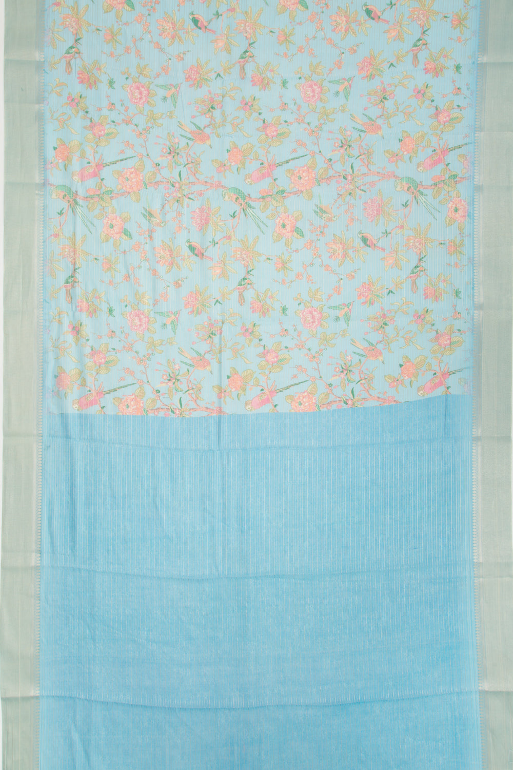 Chanderi Silk Printed And Horizontal Lines Sky Blue Saree