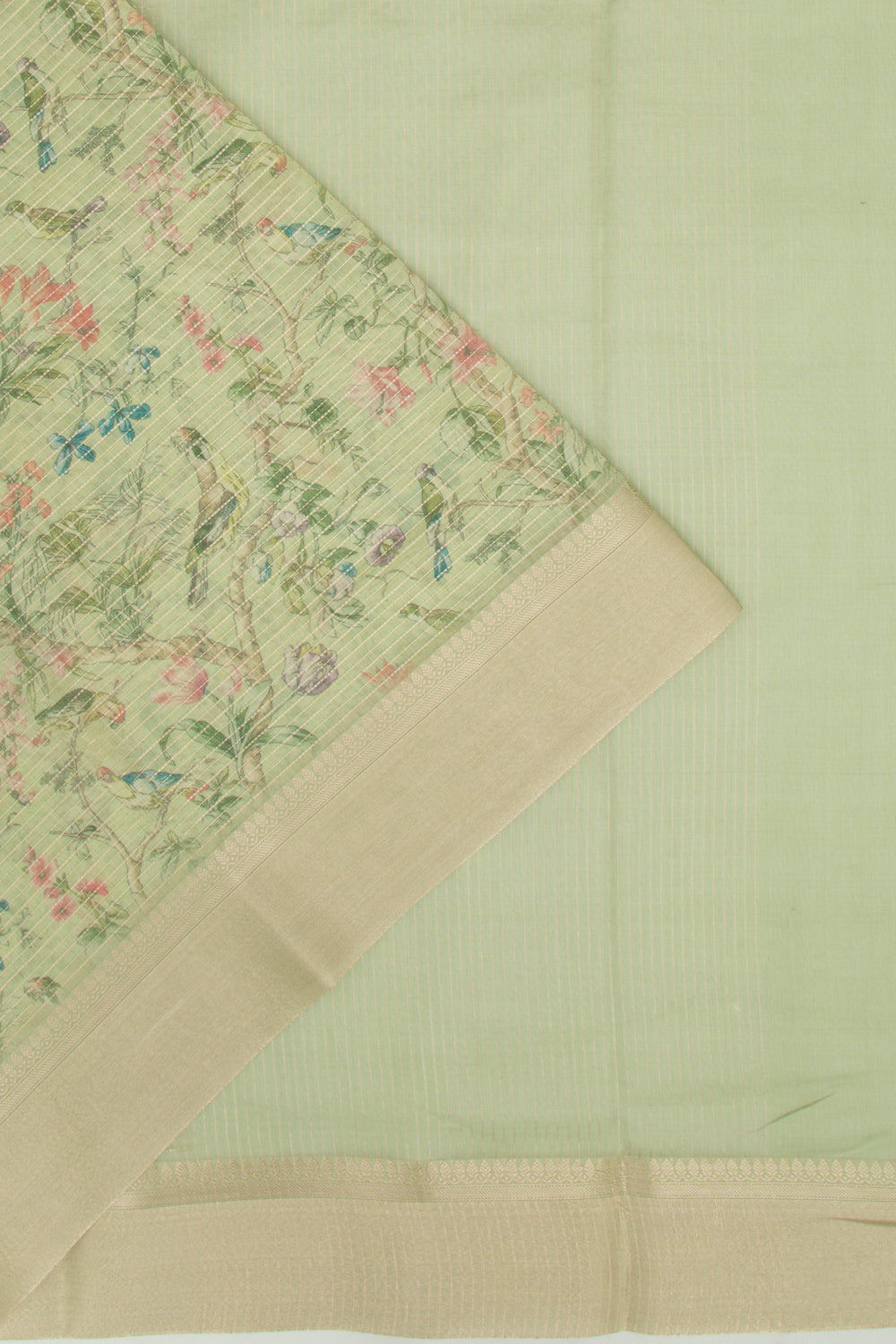 Chanderi Silk Printed And Horizontal Lines Green Saree