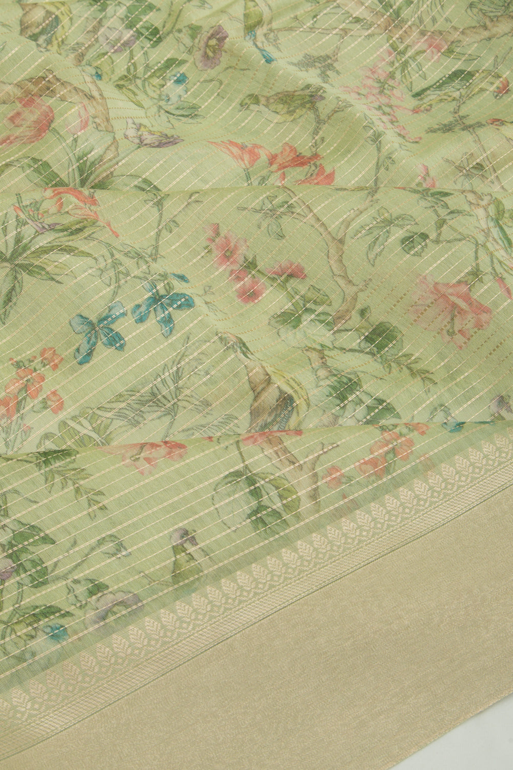 Chanderi Silk Printed And Horizontal Lines Green Saree