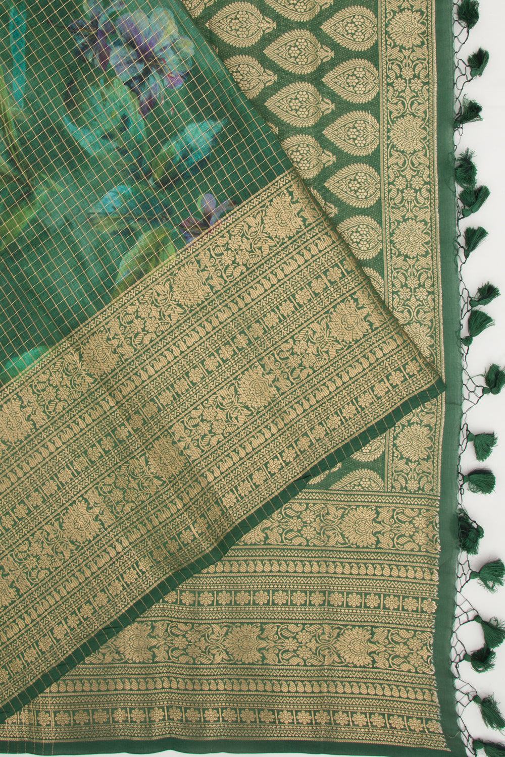 Chanderi Silk Floral Printed And Checks Green Saree