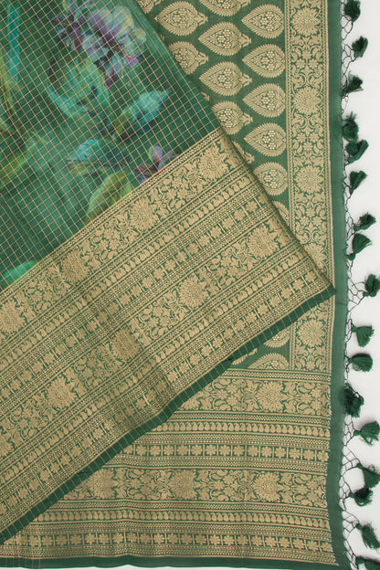 Chanderi Silk Floral Printed And Checks Green Saree