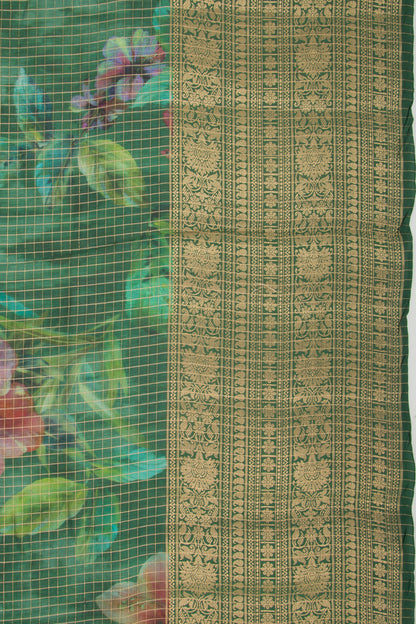 Chanderi Silk Floral Printed And Checks Green Saree