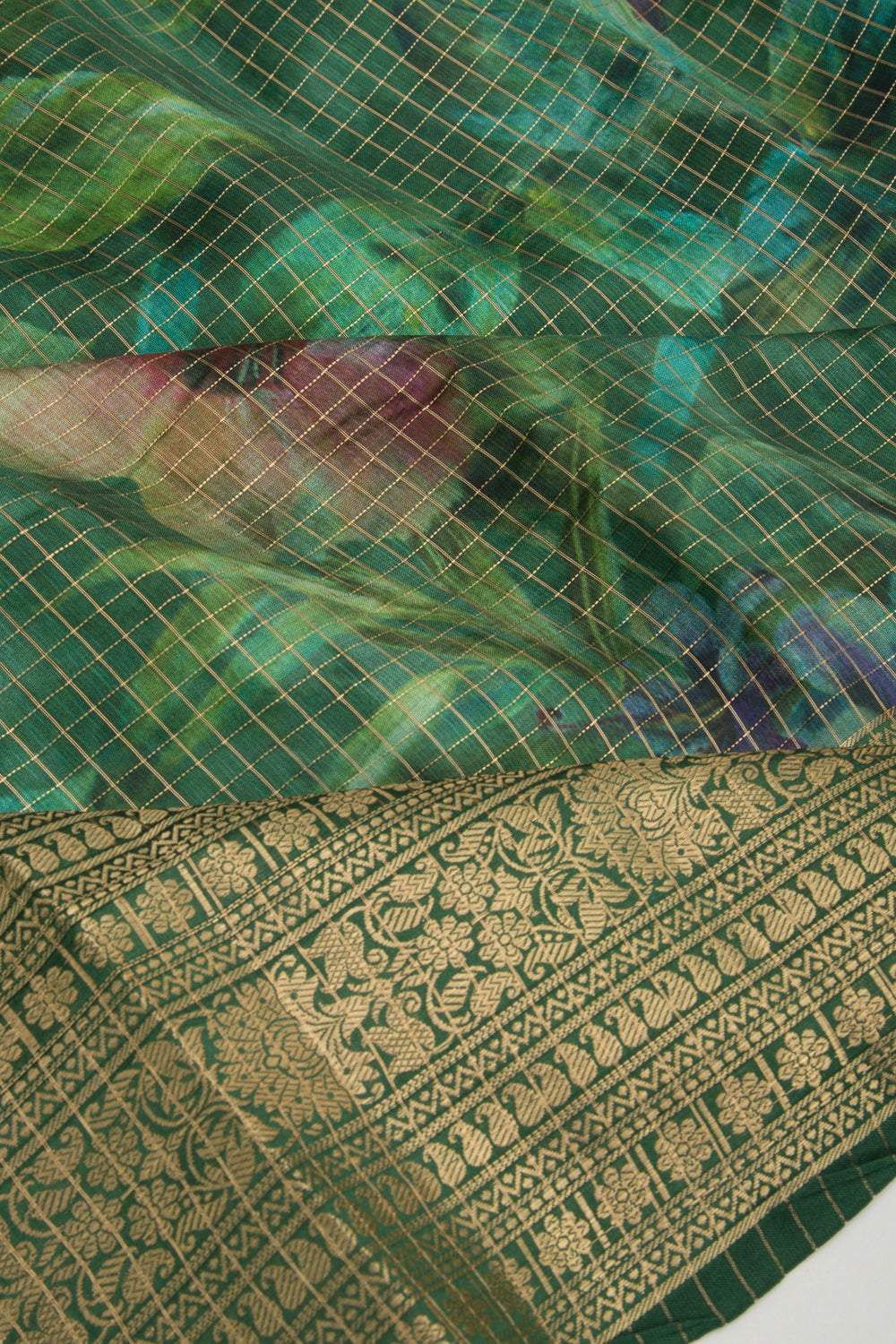 Chanderi Silk Floral Printed And Checks Green Saree