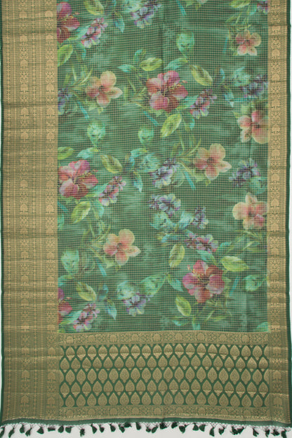 Chanderi Silk Floral Printed And Checks Green Saree