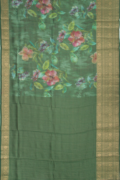 Chanderi Silk Floral Printed And Checks Green Saree