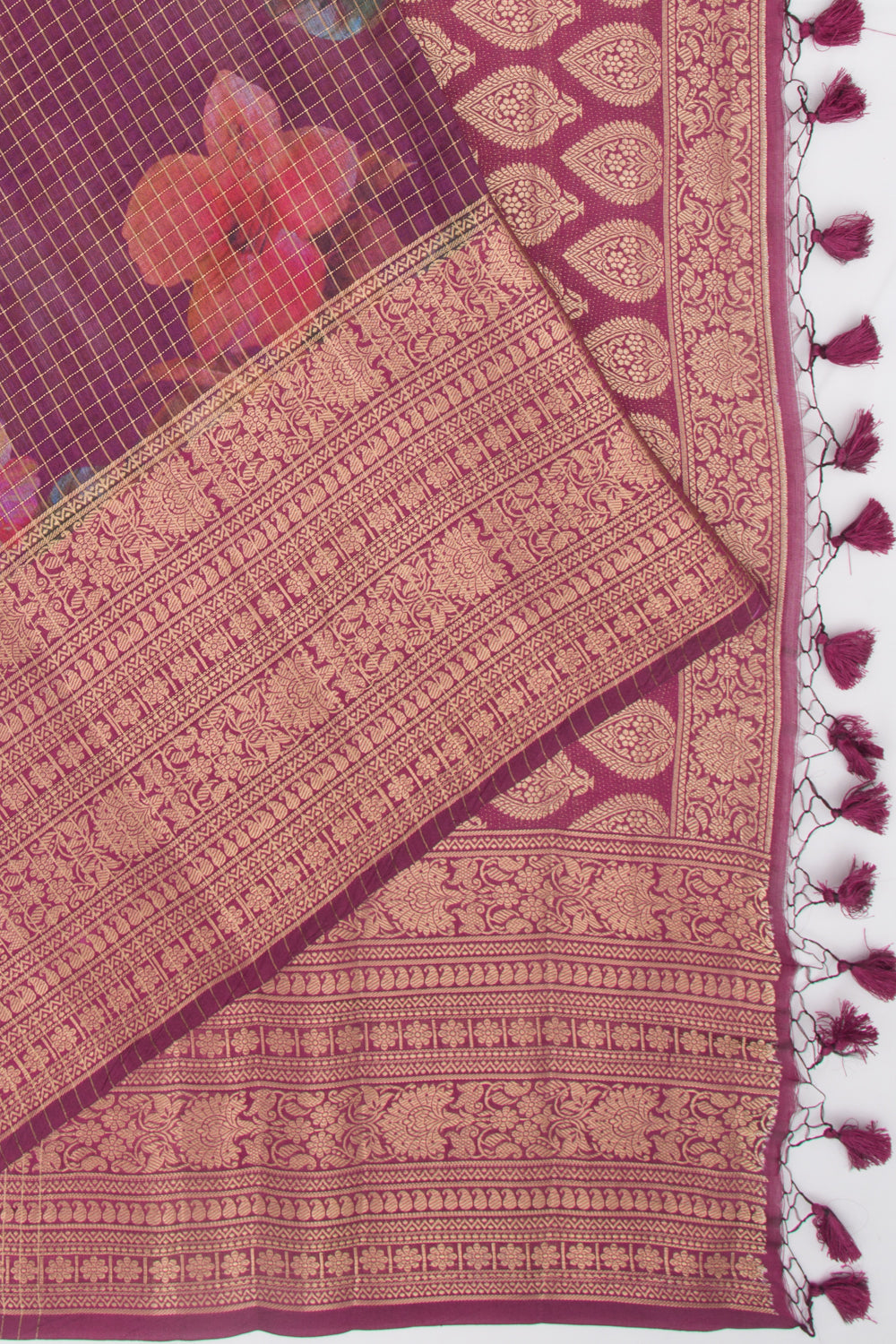 Chanderi Silk Floral Printed And Checks Purple Saree