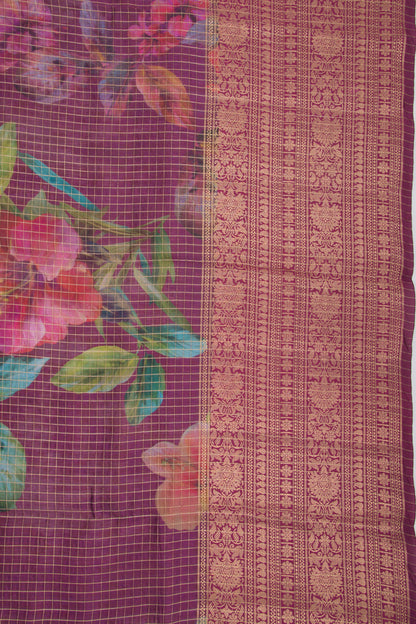 Chanderi Silk Floral Printed And Checks Purple Saree