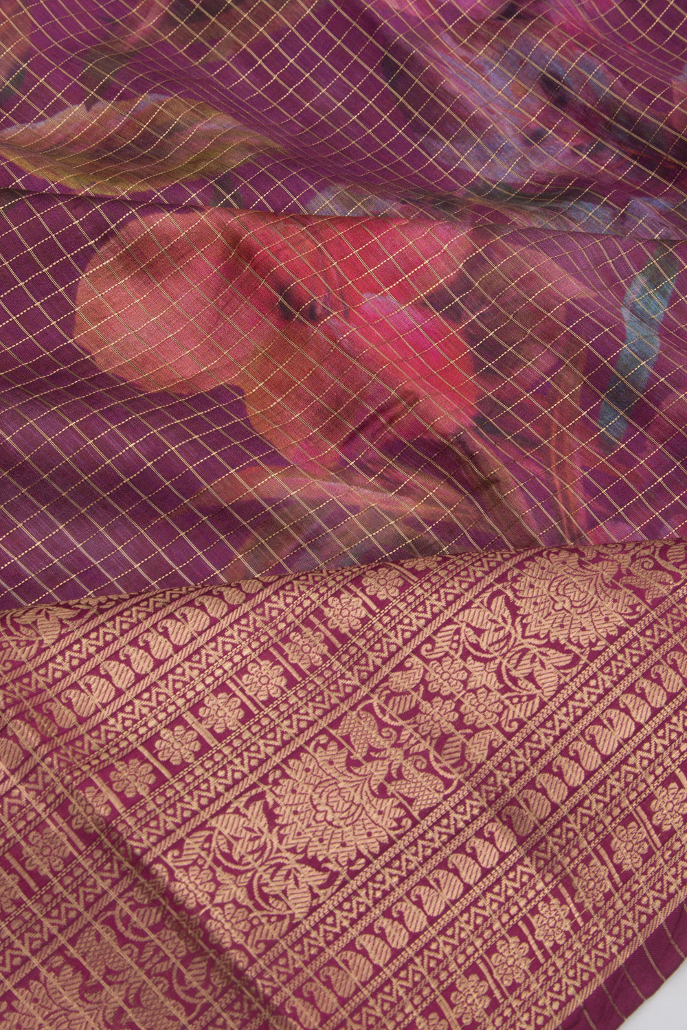 Chanderi Silk Floral Printed And Checks Purple Saree