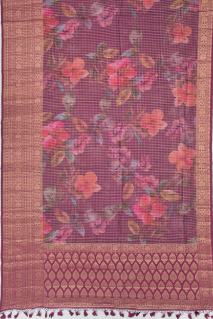 Chanderi Silk Floral Printed And Checks Purple Saree