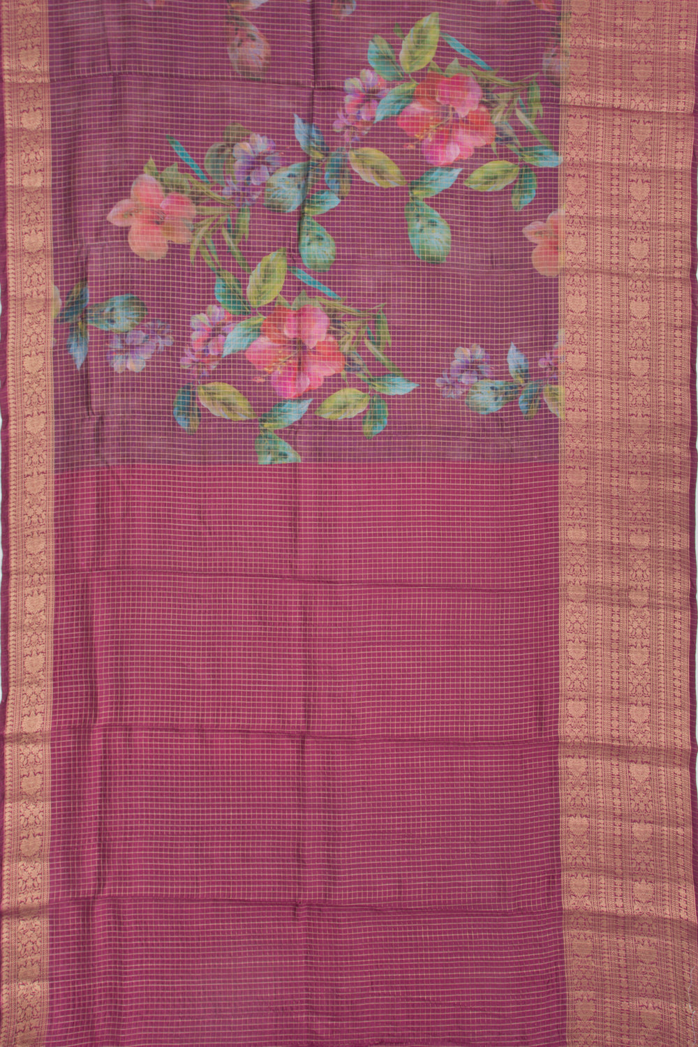 Chanderi Silk Floral Printed And Checks Purple Saree