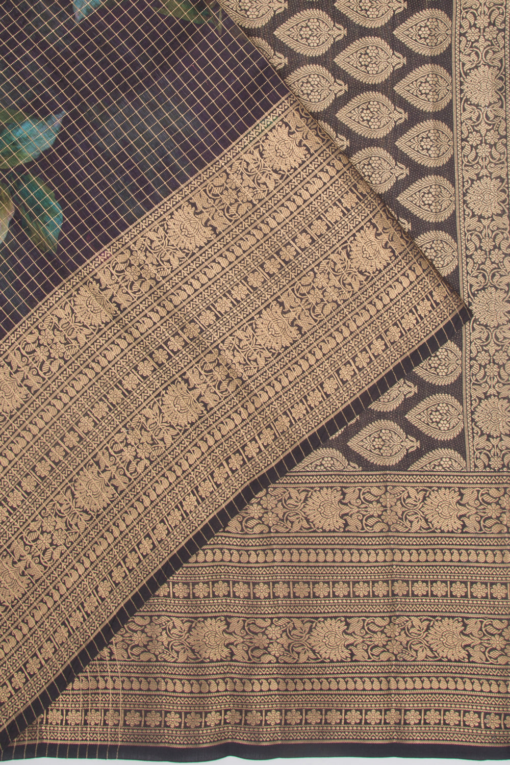 Chanderi Silk Floral Printed And Checks Black Saree