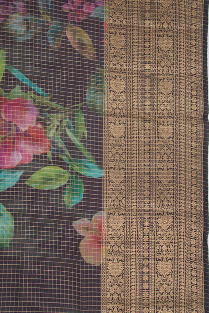 Chanderi Silk Floral Printed And Checks Black Saree