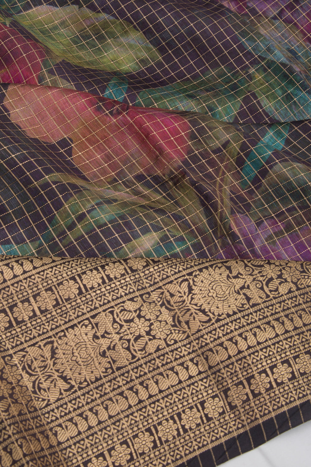 Chanderi Silk Floral Printed And Checks Black Saree