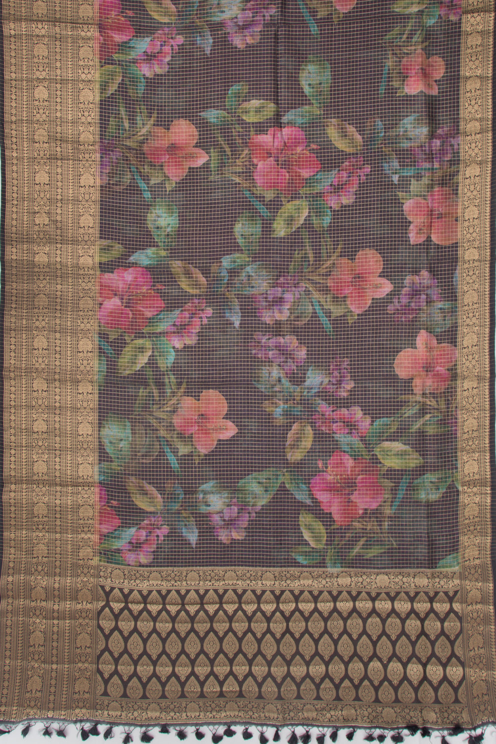 Chanderi Silk Floral Printed And Checks Black Saree