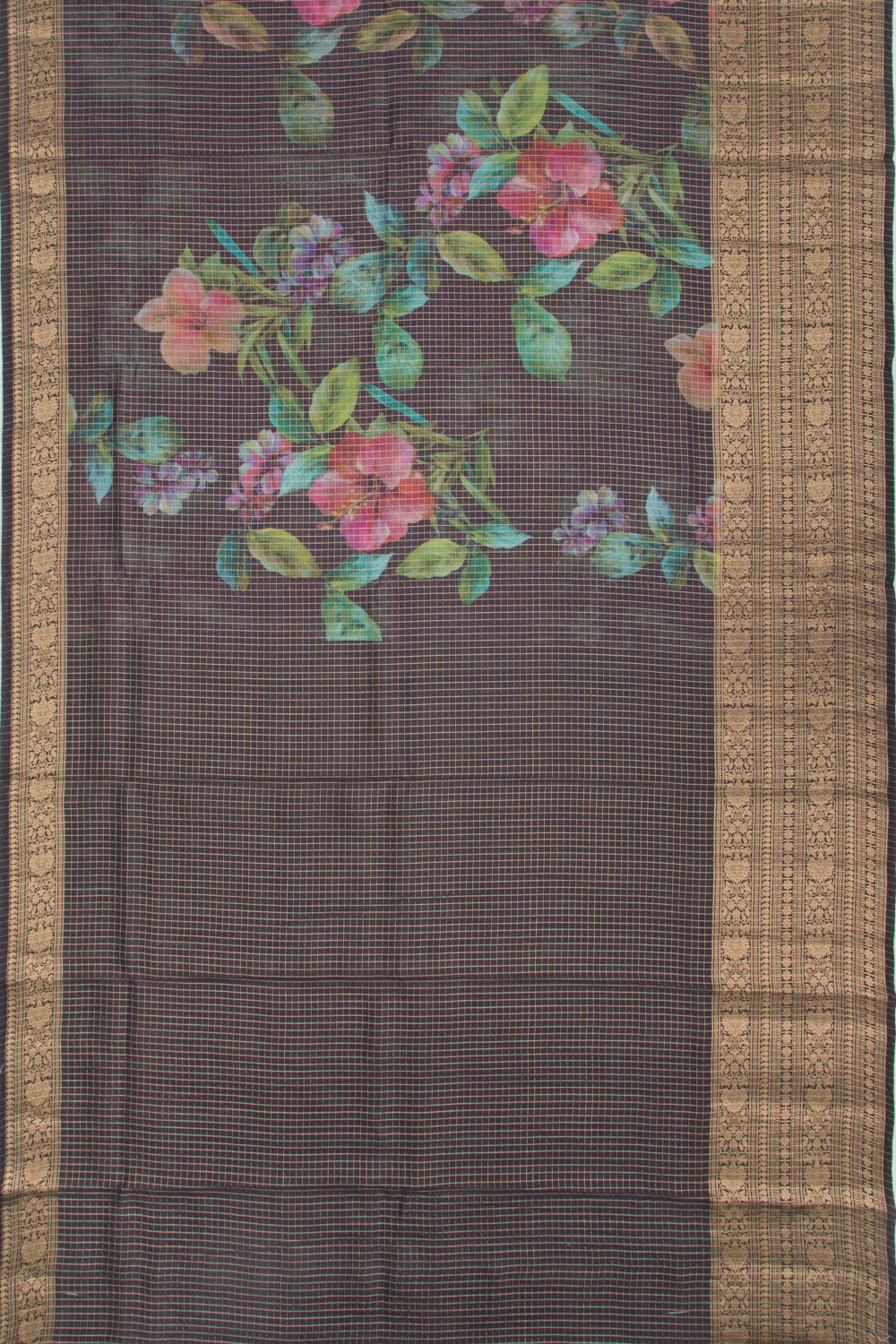 Chanderi Silk Floral Printed And Checks Black Saree