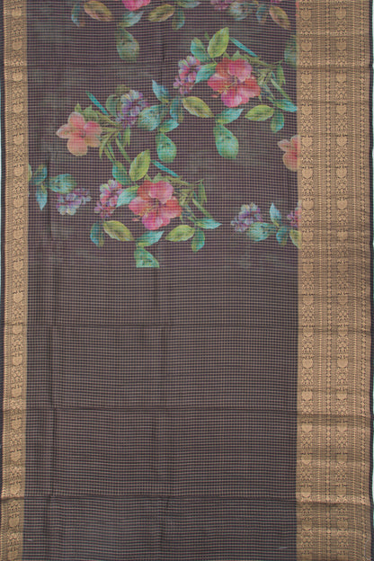 Chanderi Silk Floral Printed And Checks Black Saree