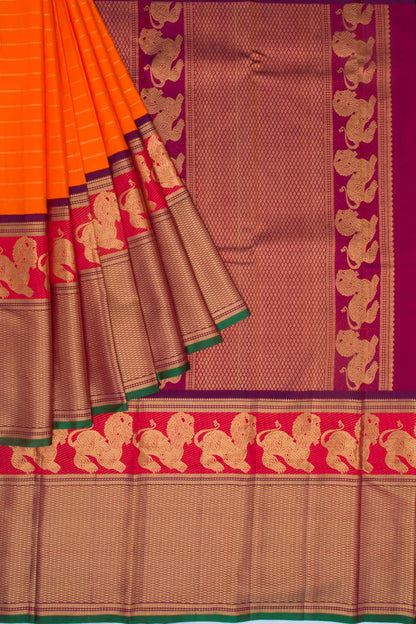 Kanchipuram Silk Horizontal Lines Orange Saree
