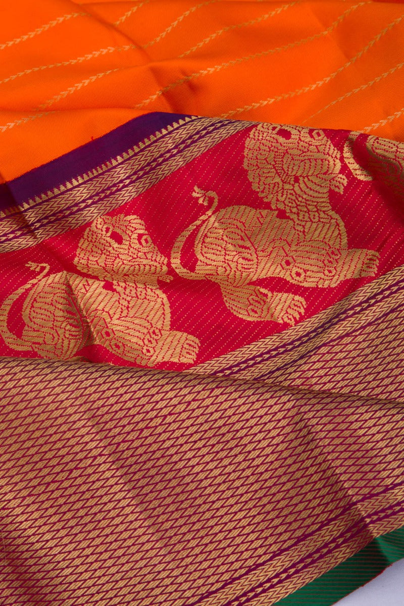 Kanchipuram Silk Horizontal Lines Orange Saree