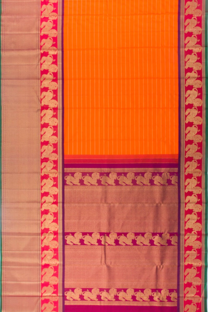 Kanchipuram Silk Horizontal Lines Orange Saree