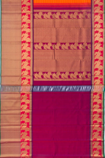 Kanchipuram Silk Horizontal Lines Orange Saree