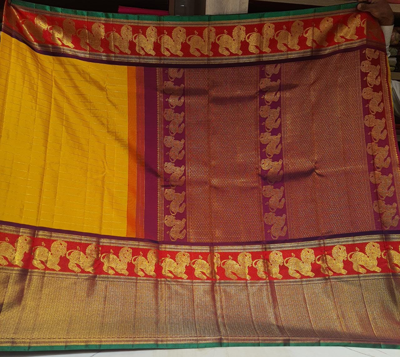 Kanchipuram Silk Horizontal Lines Yellow Saree