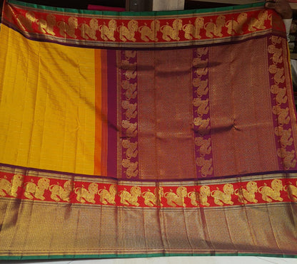 Kanchipuram Silk Horizontal Lines Yellow Saree