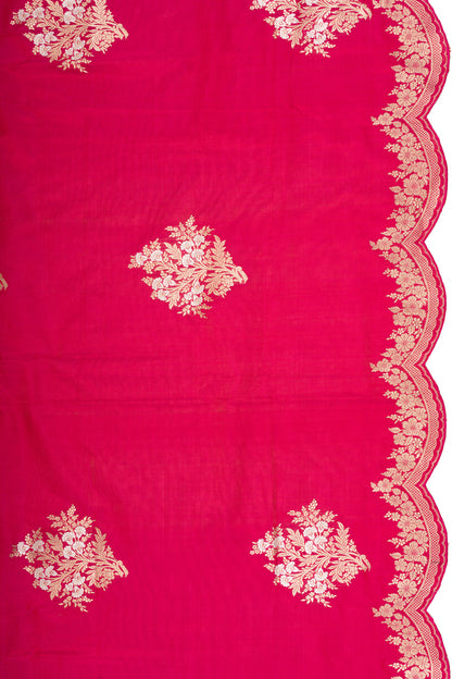 Banarasi Silk Butta Pinkish Red Saree With Scallop Border