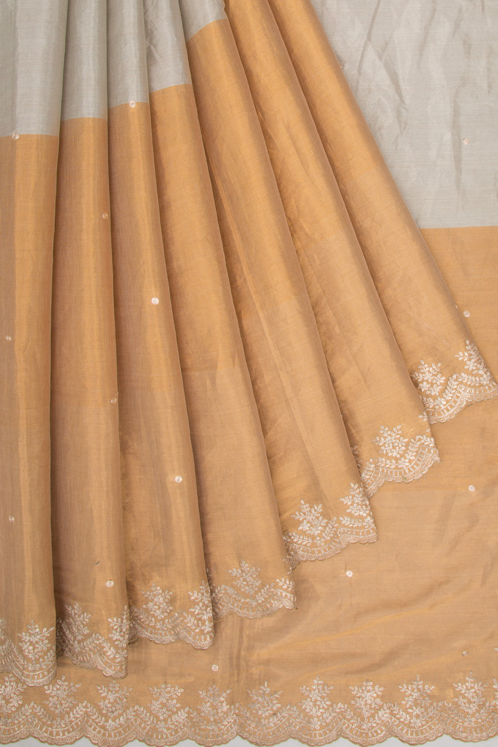 Tissue Soft Silk Butta Silver And Gold Saree With Scallop Border
