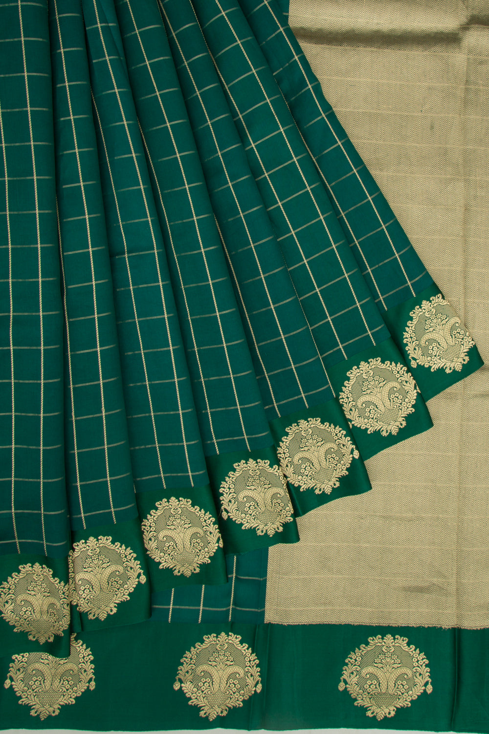 Banarasi Katan Silk Checks Green Saree