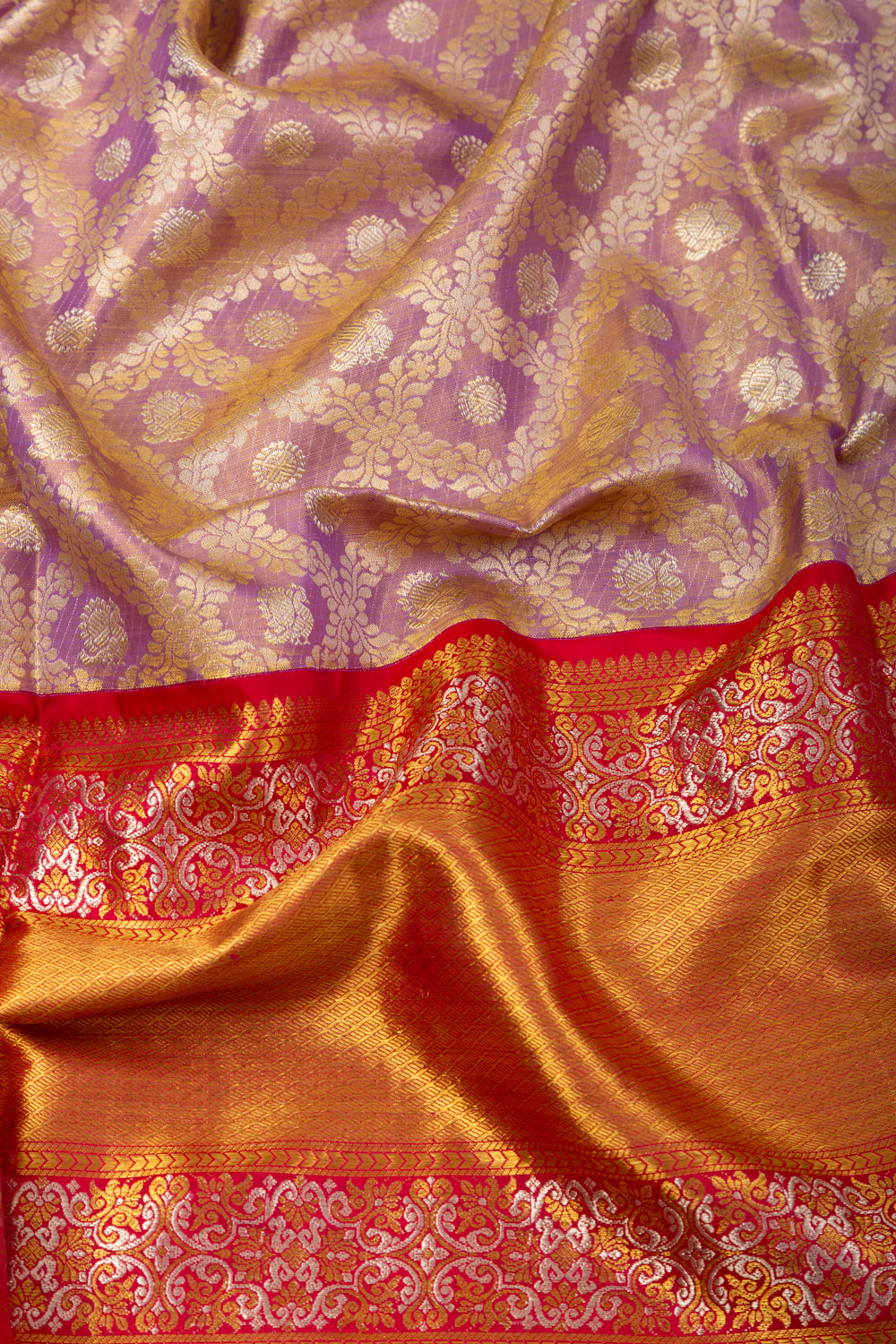 Kanchipuram Silk Tissue Criss-Cross Checks And Butta Purple Saree