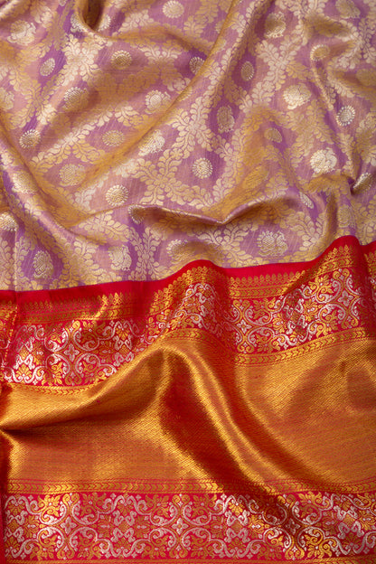 Kanchipuram Silk Tissue Criss-Cross Checks And Butta Purple Saree