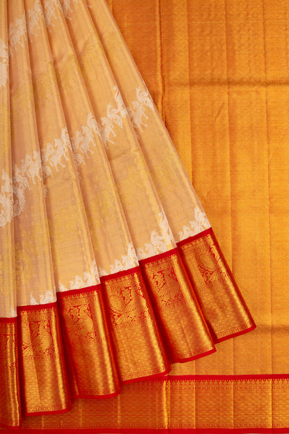 Kanchipuram Silk Tissue Lehariya Gold Saree