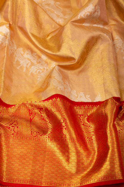 Kanchipuram Silk Tissue Lehariya Gold Saree