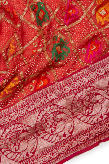 Banarasi Georgette Bandhani Checks And Butta Peach Saree