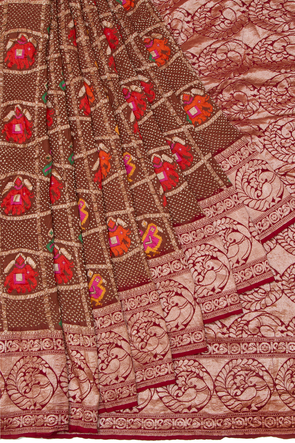 Banarasi Georgette Bandhani Checks And Butta Brown Saree