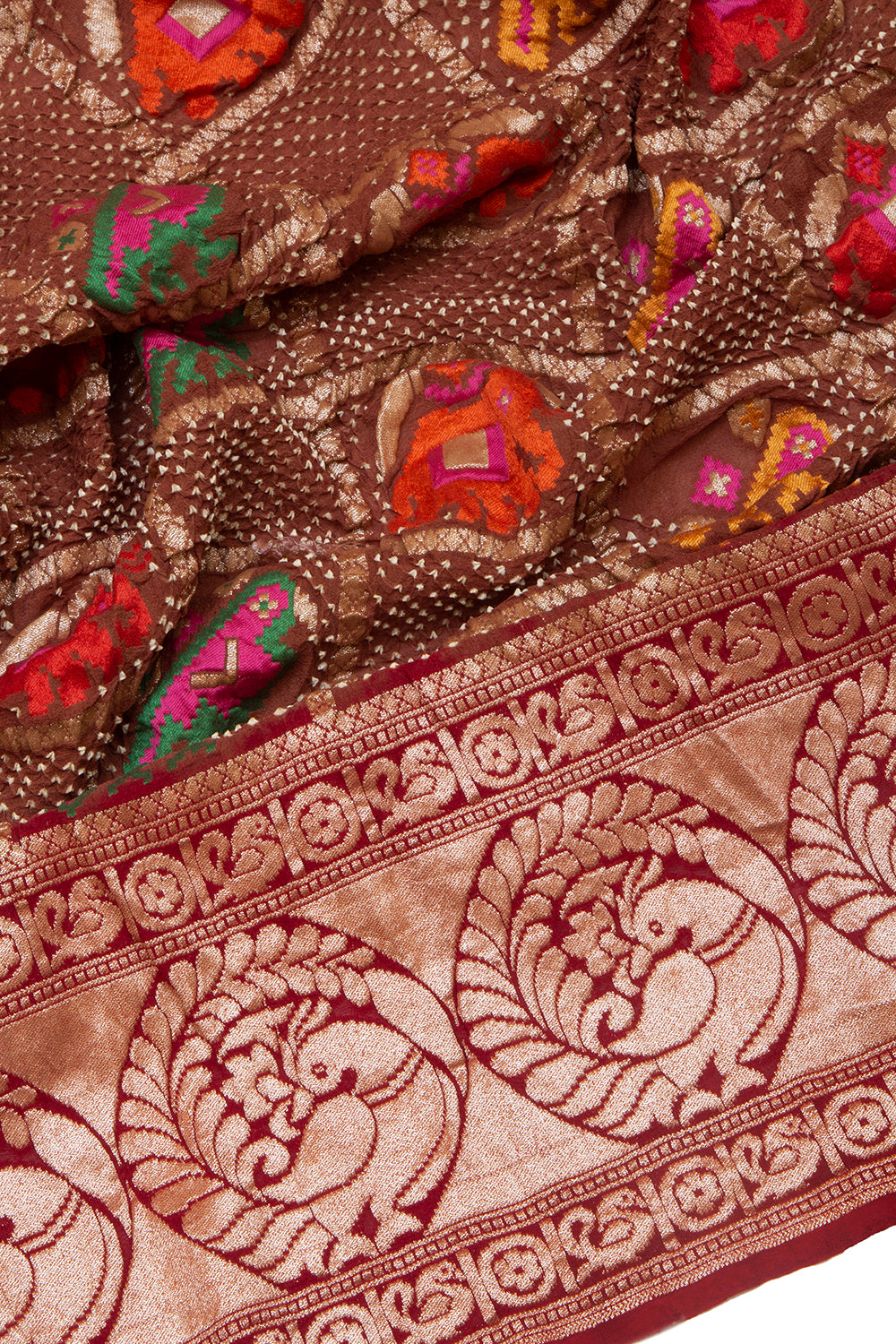 Banarasi Georgette Bandhani Checks And Butta Brown Saree