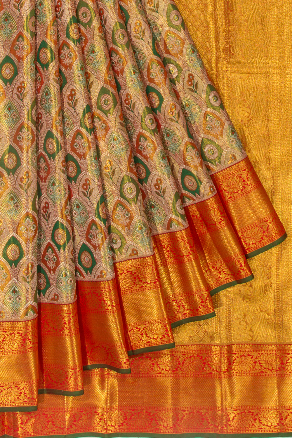 Kanchipuram Silk Tissue Brocade Multicolour Saree