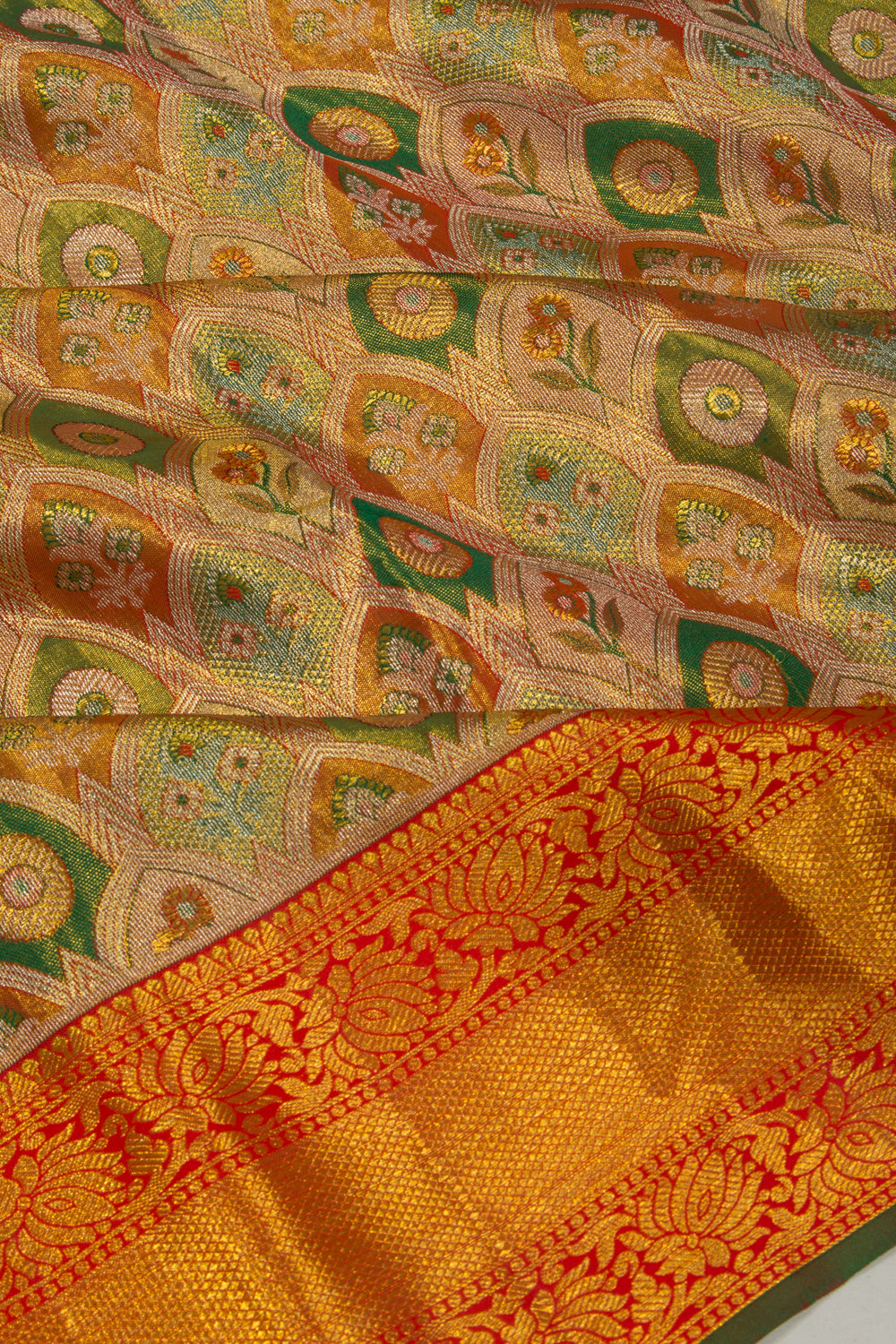 Kanchipuram Silk Tissue Brocade Multicolour Saree